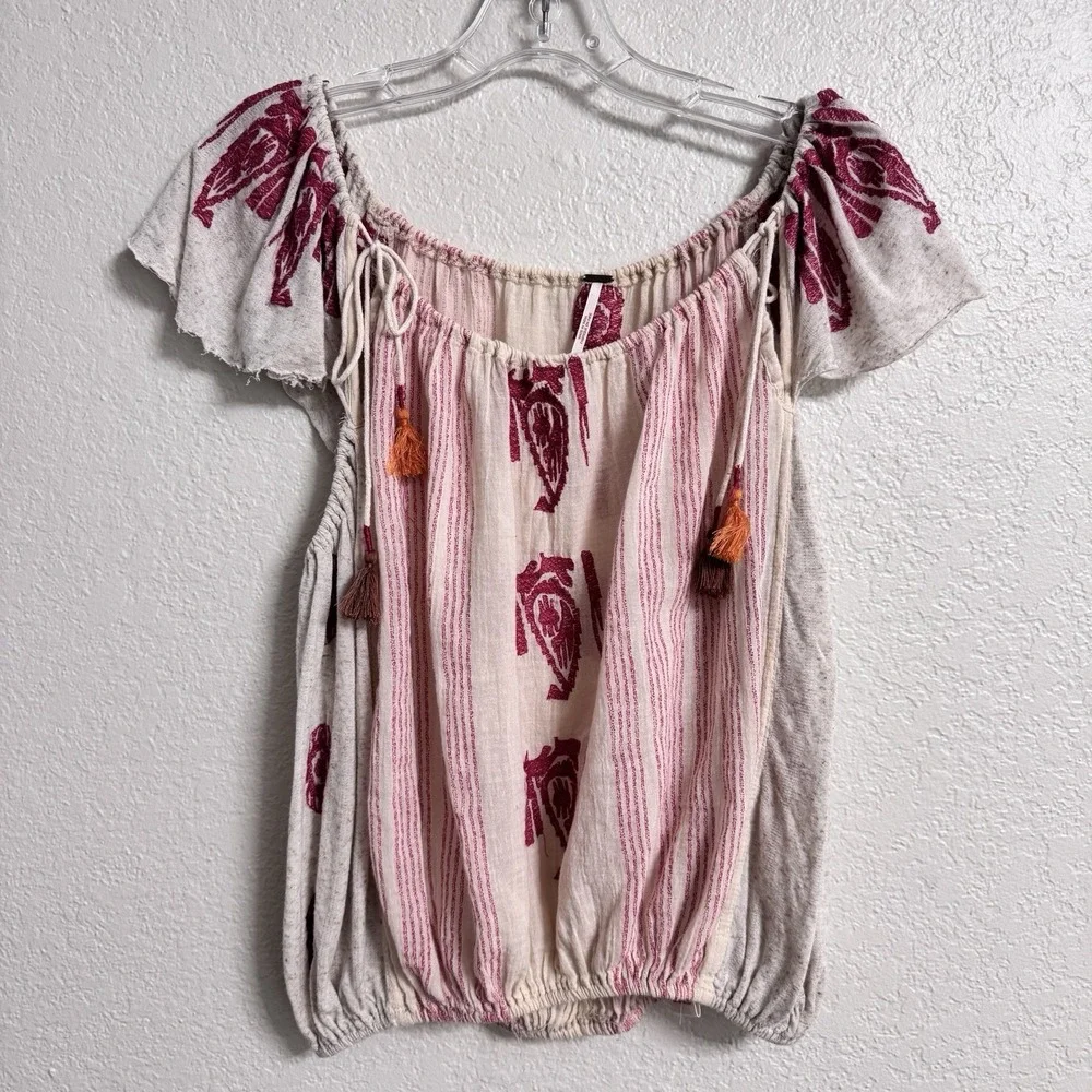 Free People Pukka Tee Womens Small Cream‎ Pink Boho Embroidered Peasant Top